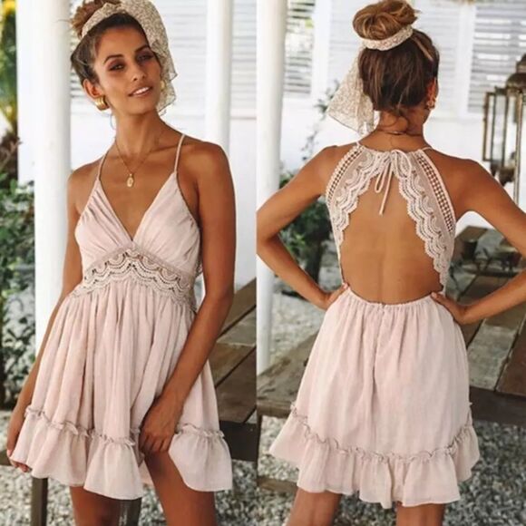 NEW! Pink Crochet Lace Ruffled Mini Dress - Picture 1 of 7